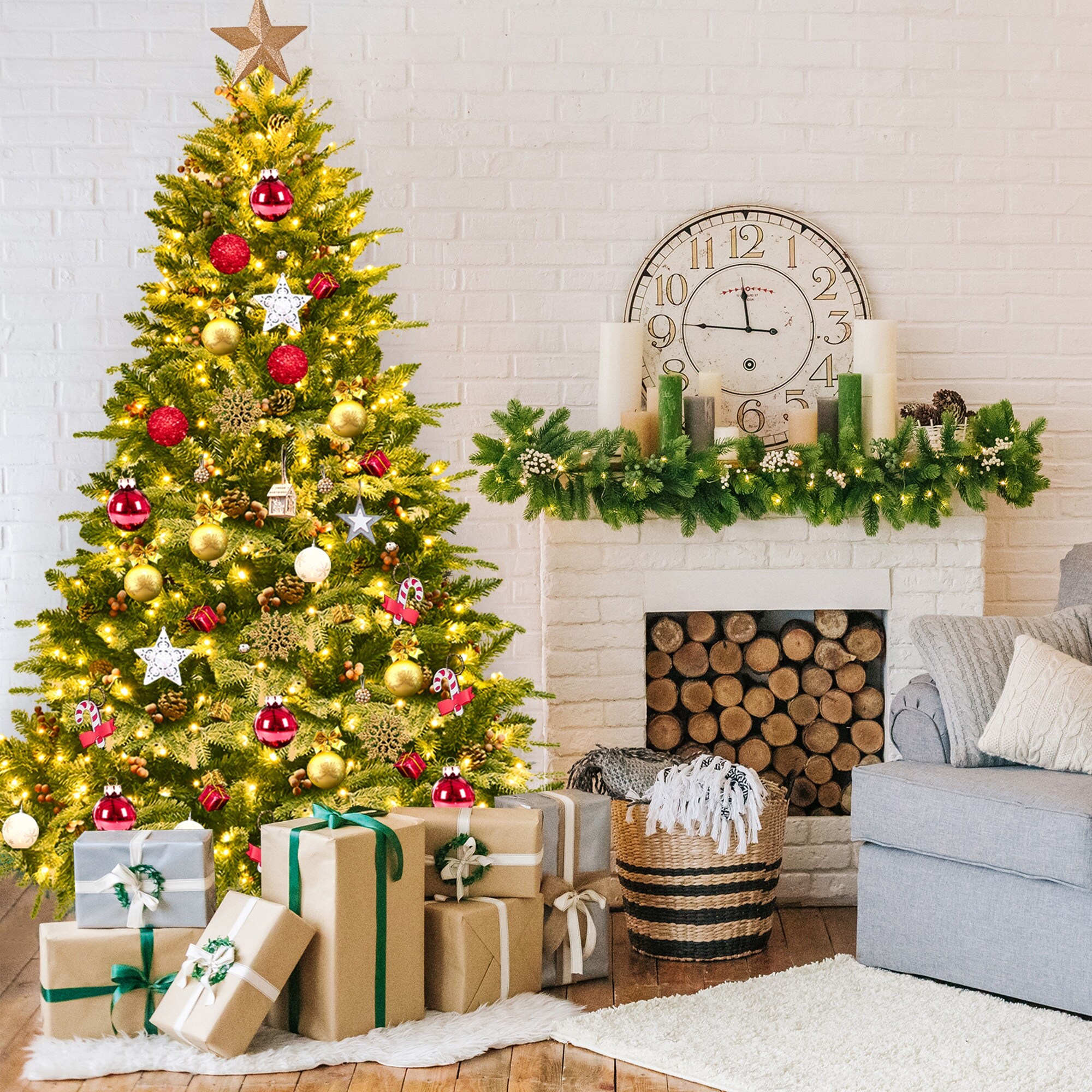 Gymax 6.5FT Pre-lit Pine Christmas Tree Snow Flocked Decoration Tree - See Details