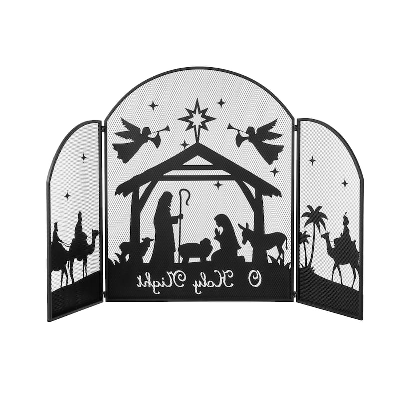 Glitzhome 29.75"H Christmas Metal Mesh Silhouette Nativity Scene Screen - Black