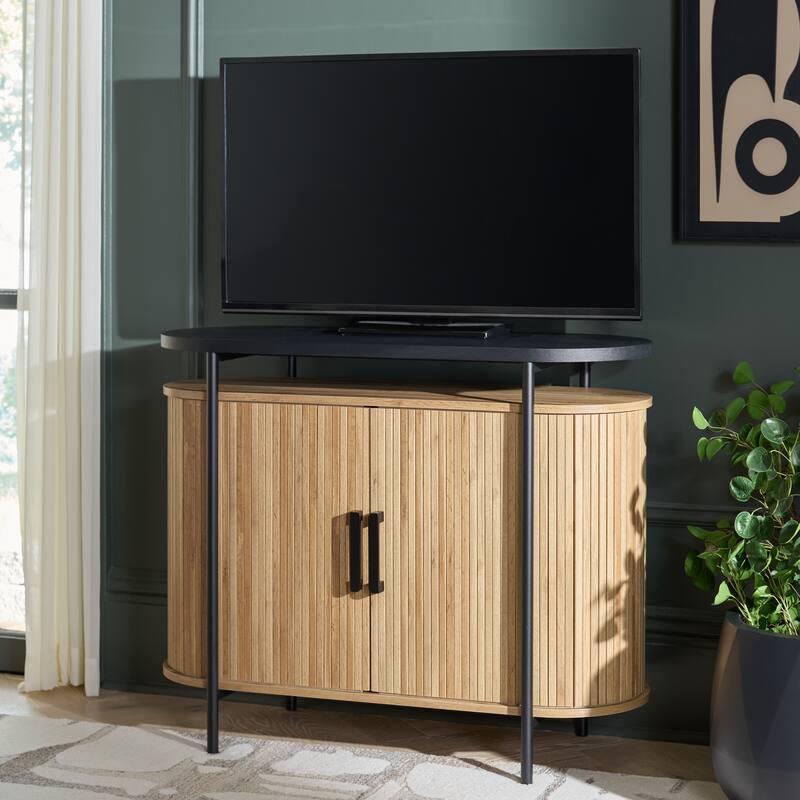SAFAVIEH Home Etka Tambour Doors Compact Sideboard/TV Stand - 39"W x 16"D x 32"H - Oak/Black
