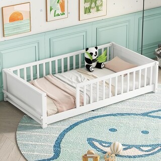 White Twin Size Pine Wood Floor Platform Bed with Fence