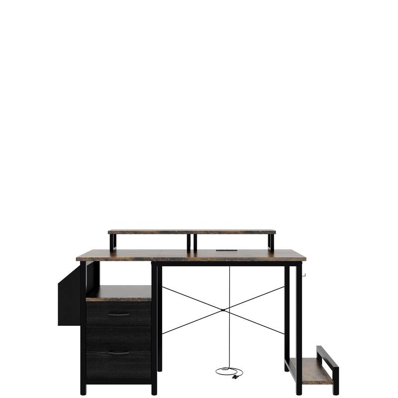 Home Office Desk with Movable Monitor Stands, Adjustable & Reversible Desk with Drawer and Hidden Power Outlets