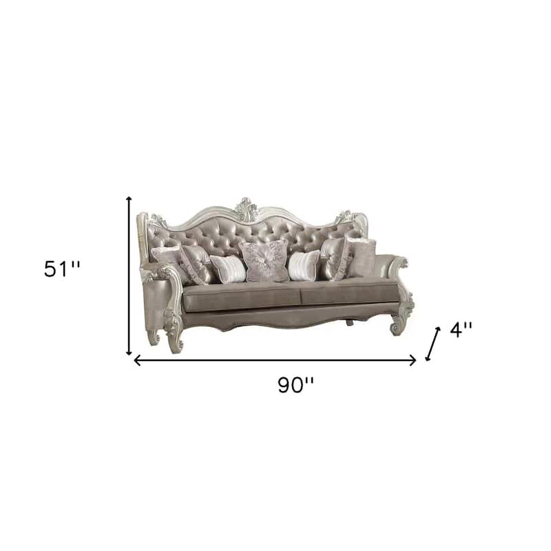 HomeRoots 90" Gray Faux Leather Curved Sofa And Toss Pillows With Bone Legs - 90