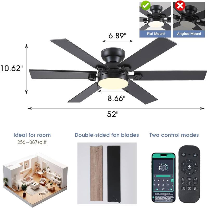 46/52 inch Flush Mount Ceiling Fan with Light,Remote and APP Control,6 Dual Side Blades,Reversible DC Motor