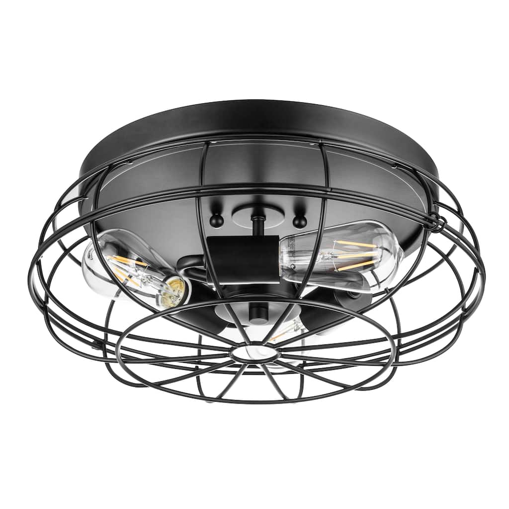 Prominence Home Lincoln Woods Matte Black Industrial Flushmount Light Fixture, Wire Cage Flushmount