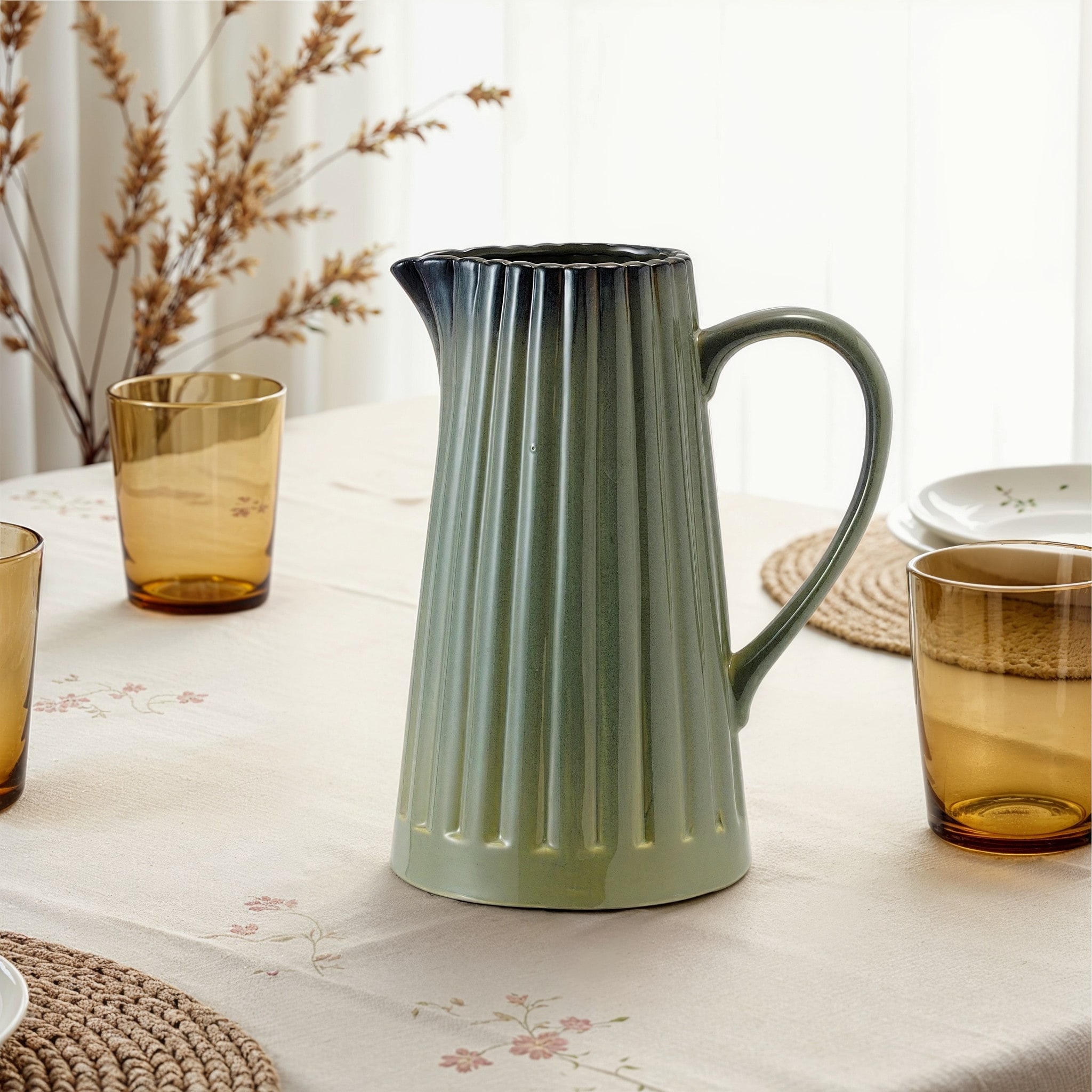 Stoneware Ribbed Pitcher with Reactive Glaze - 8.0"L x 5.0"W x 9.75"H