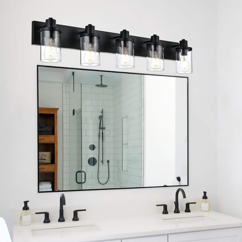 Rustic Wall Light Fixture in Matte Black Finish, 5 Light Bathroom Vanity Lighting with Clear Glass Shade, Wall Lamp Sconces