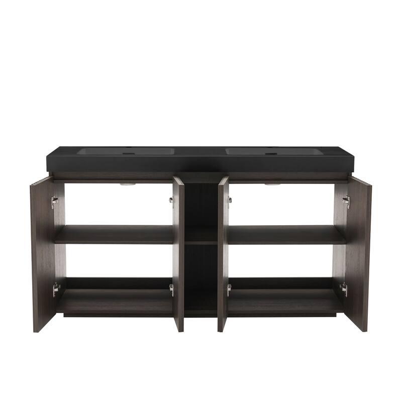 GDFStudio - Galan 60" Freestanding Bathroom Vanity with Quartz Sink, Solf Close Doors, Open Storage Shelf, NO Drain & Faucet