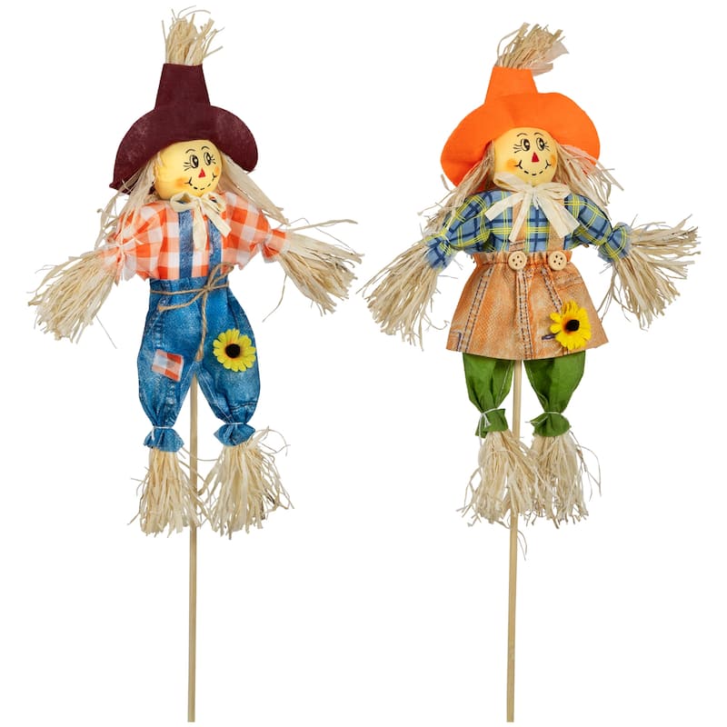 Set of 2 Boy and Girl Fall Harvest Scarecrow Picks 18"