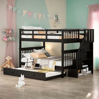 Stairway Full-over-Full Bunk Bed with Twin size Trundle and Guard Rail, Espresso