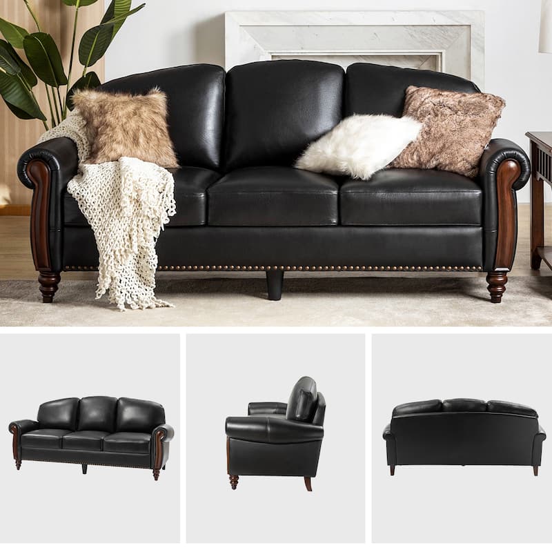 Eduard 84" Traditional Genuine Leather Sofa with Carved Wood Legs by HULALA HOME