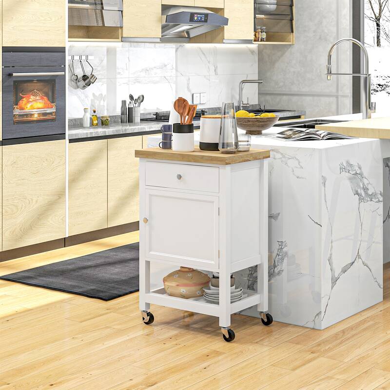 White and Oak Kitchen Cart Cabinet with Drawer and Wine Towel Rack and Rolling Wheels - 25" W x 15.75" D x 35.5" H