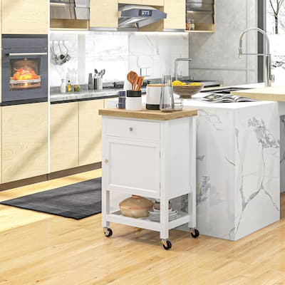 White and Oak Kitchen Cart Cabinet with Drawer and Wine Towel Rack and Rolling Wheels - 25" W x 15.75" D x 35.5" H