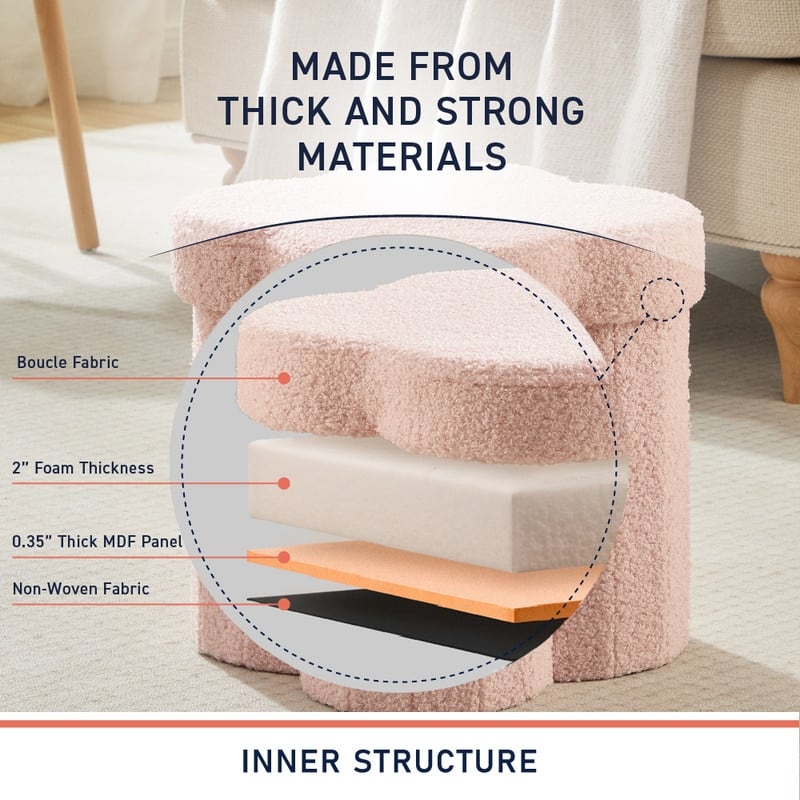 Ornavo Home Boucle Flower 12" Storage Ottoman - Footstool - Perfect for Dorm, Living Room and Bedroom