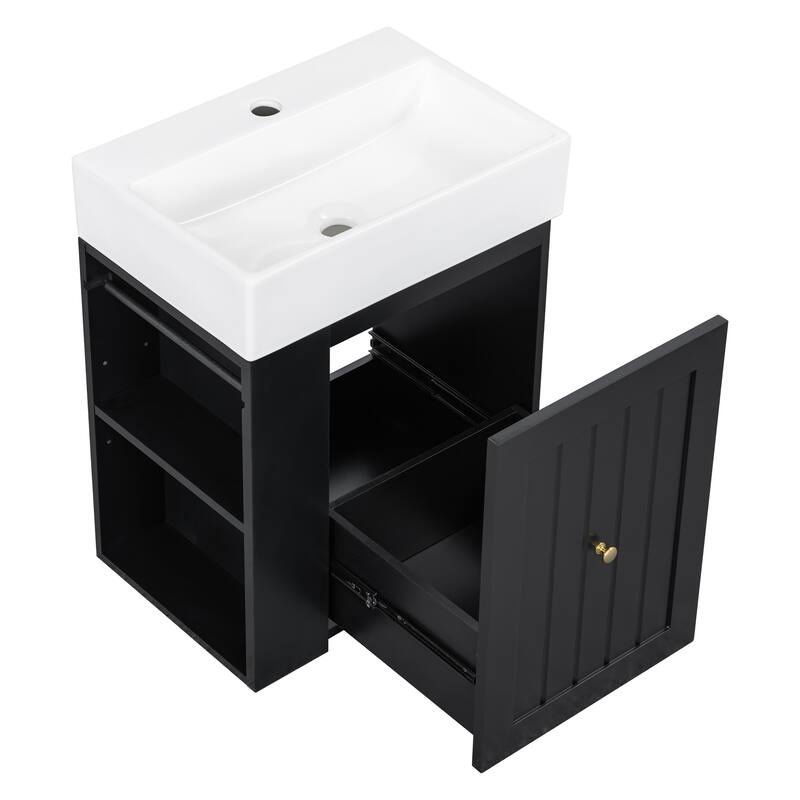 20 Inch Wall-mounted Bathroom Vanity with Ceramic Sink, Floating Bathroom Vanity Cabinet with Side Shelf for Small Bathrooms