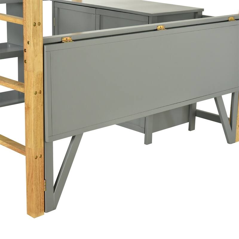 Merax Wood Loft Bed With Built-in Storage Cabinet and Shelves, Foldable desk
