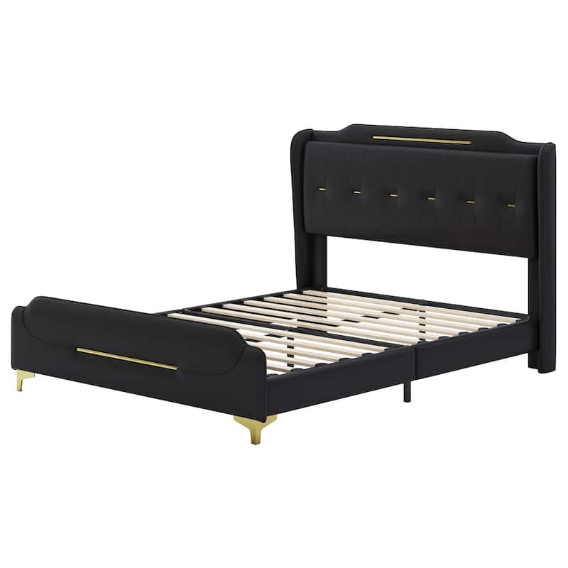 PU Upholstered Queen Size Leather Bed frame with Wingback Headboard and Footboard