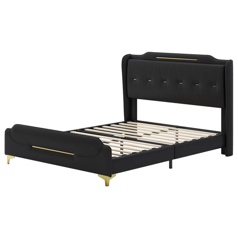 Queen Size PU Leather Platform Bed with Wingback Headboard, Footboard, and Gold Metal Accents