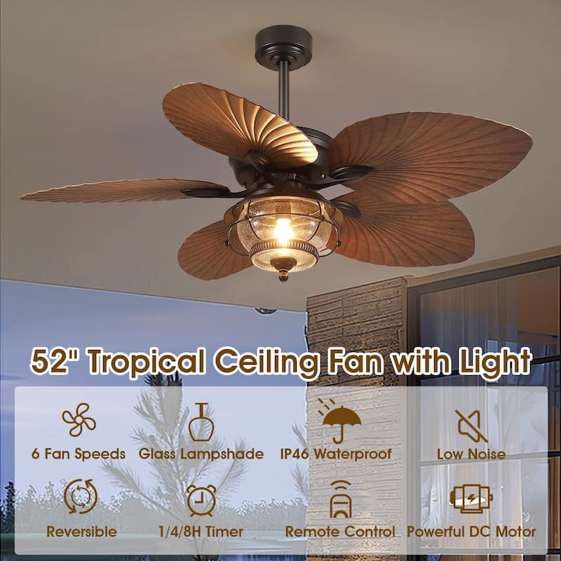 44"/52" Palm Leaf Tropical Ceiling Fan with Light,Indoor and Outdoor Ceiling Fan,Waterproof for Covered Porch