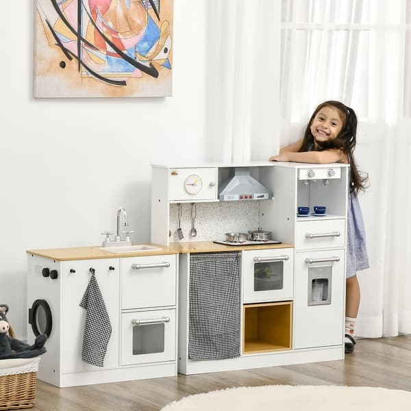 slide 2 of 9, Qaba Kids Wooden Kitchen Playset with Sound Effects and Tons of Countertop Space, Wooden Corner Play Kitchen Set Kitchens - 2-4 Years