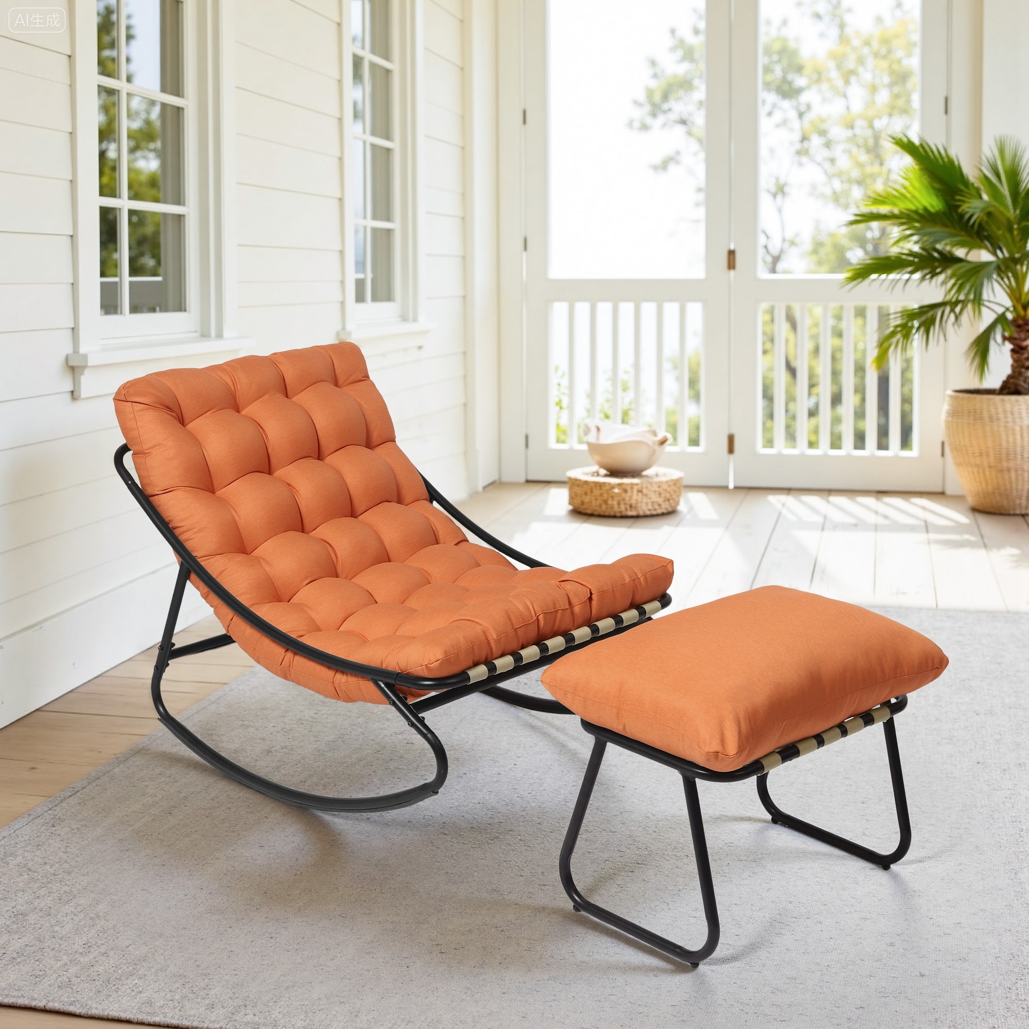 Outdoor Metal Frame Lounge Rocking Chairs with Ottomans Set