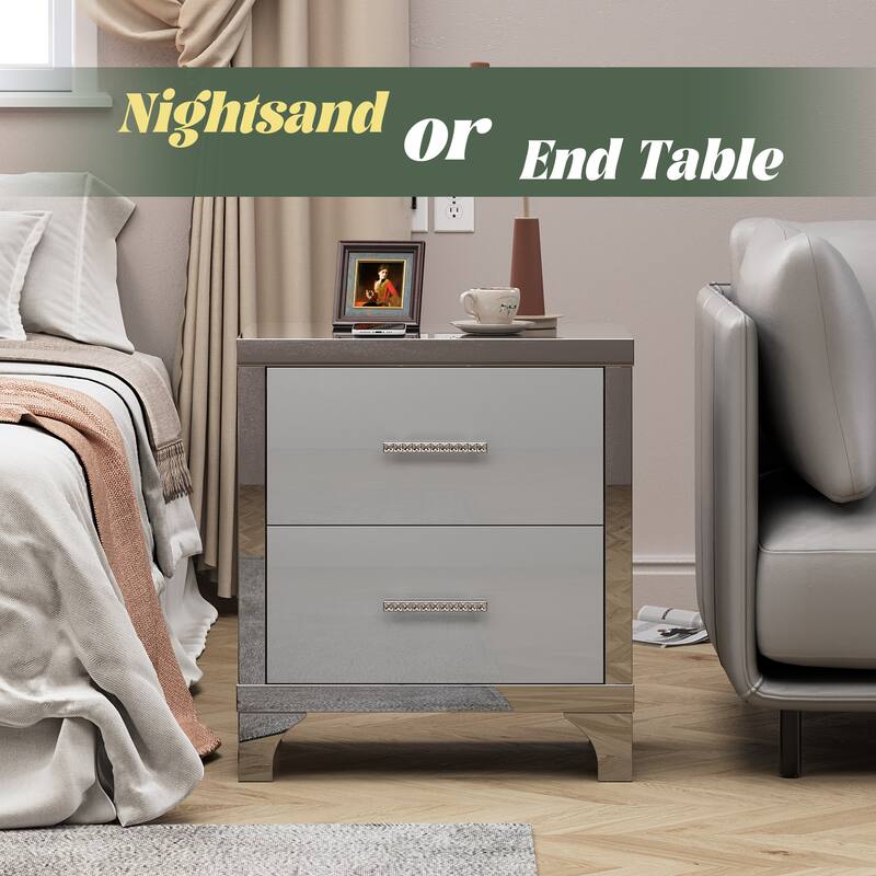 High Gloss Mirrored Nightstand with 2 Drawers,Modern End Table with Drawers,Mirrored High Gloss Wood Nightstand Metal Handle