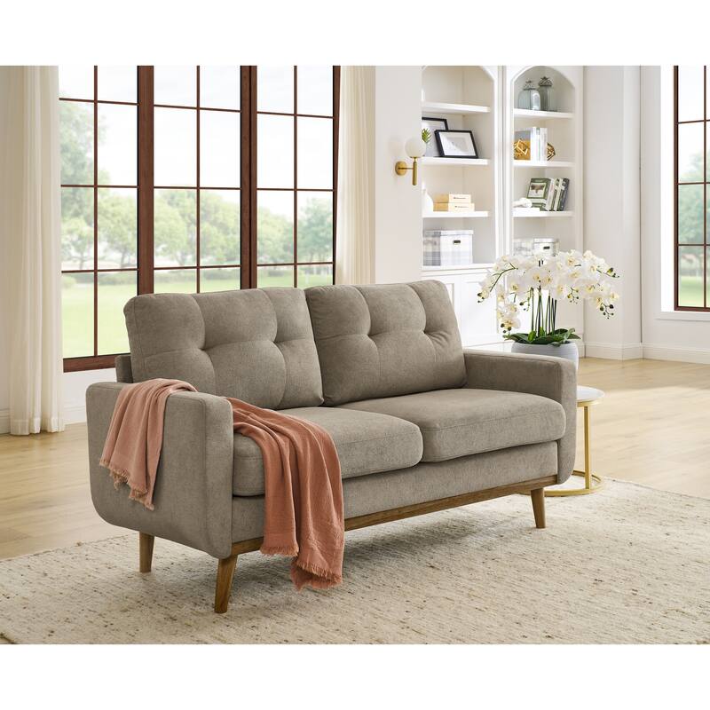 67.7" Wide Mid-Century Modern Tufted Loveseat Sofa in Khaki Polyester with Wooden Legs - Multi-Color