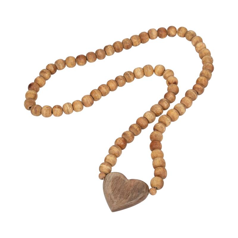 Sagebrook Home Neutral 26" Beaded Wooden Garland with Heart Contemporary Rustic Farmhouse Natural Brown Wooden Bead