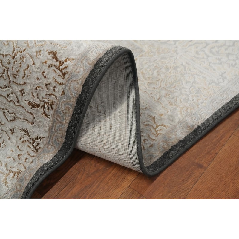 Machine Made Oriental Polyester Carpet Traditional Medallion Greys & Charcoal Tabriz Area Rug - 7' 5'' X 5' 2''