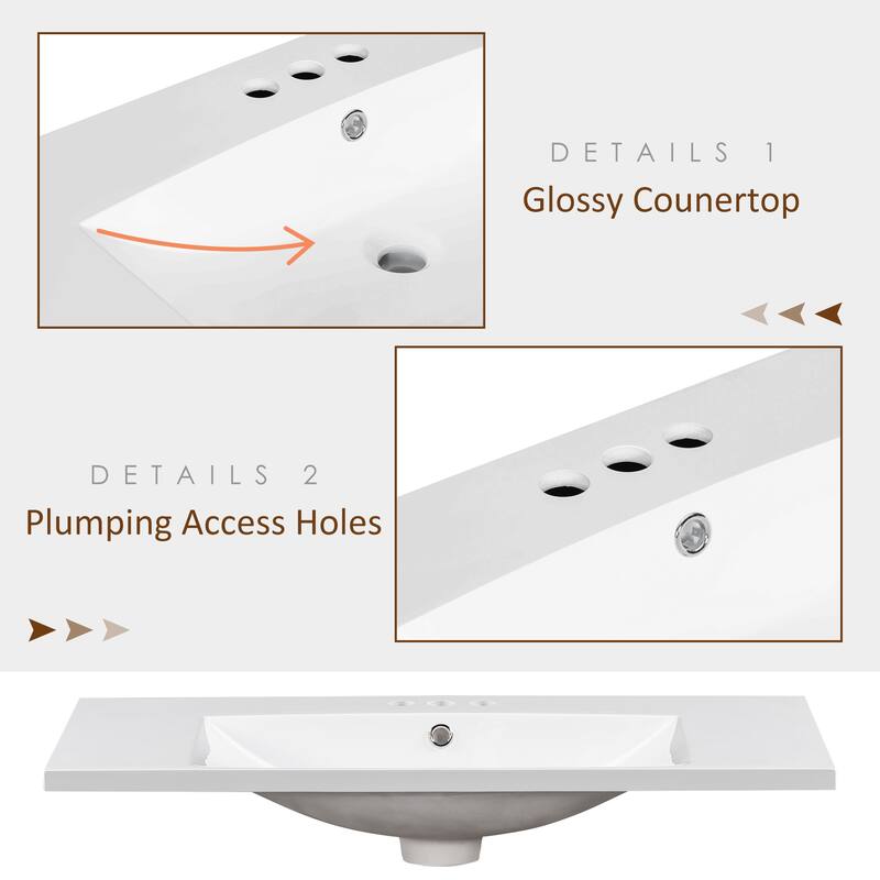 36-Inch Resin Bathroom Vanity Top with 4-Inch Faucet Holes, Easy Maintenance Smooth Surface, and Durable Basin Sink