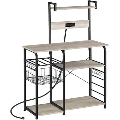 Bakers Rack With Power Outlet, Coffee Bar With Wire Drawer, Microwave