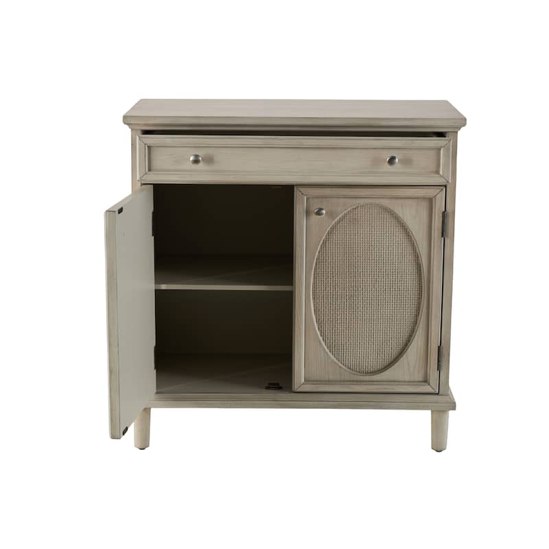 Wooden Geometric Oval Rattan Front 2 Door and 1 Drawer Cabinet - Light Gray - Roche River Decor - 18"W x 34"L x 35"H