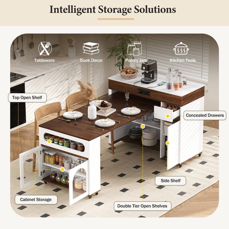 Rolling Kitchen Island with Extendable Table, Drawers, Power Outlet and Brake lock, Storage Cabinet