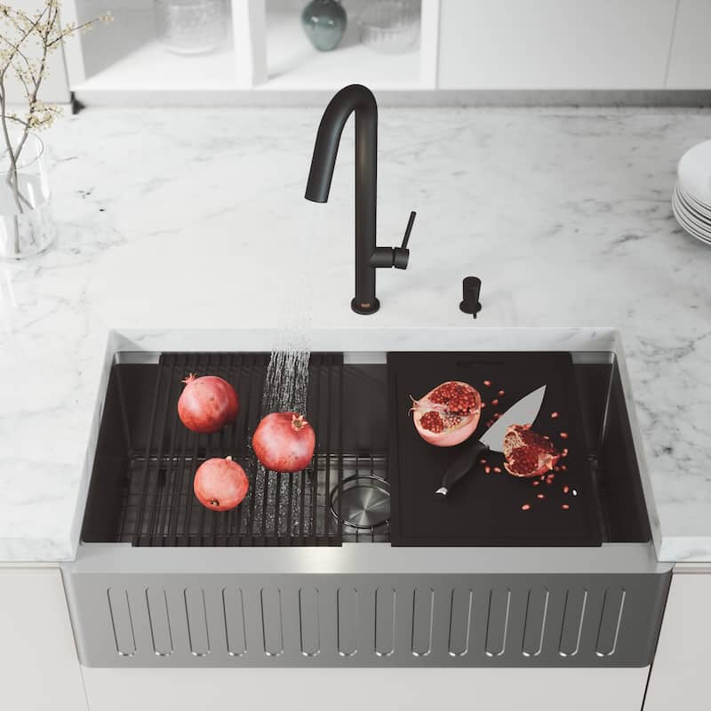 VIGO Oxford Stainless Steel Single Bowl Slotted Apron Farmhouse Kitchen Sink and Accessories