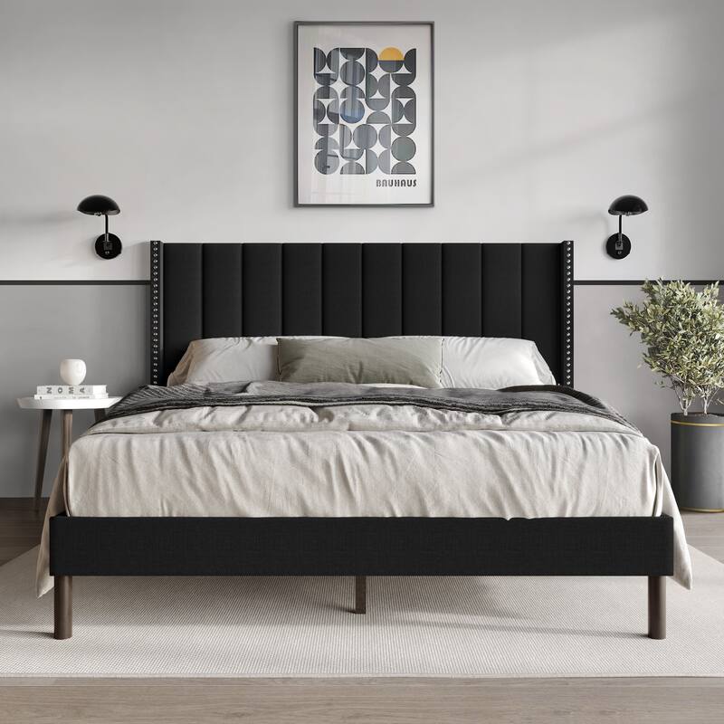 Clayfell Odessa Linen Upholstered Wingback Panel Bed - Black - Twin