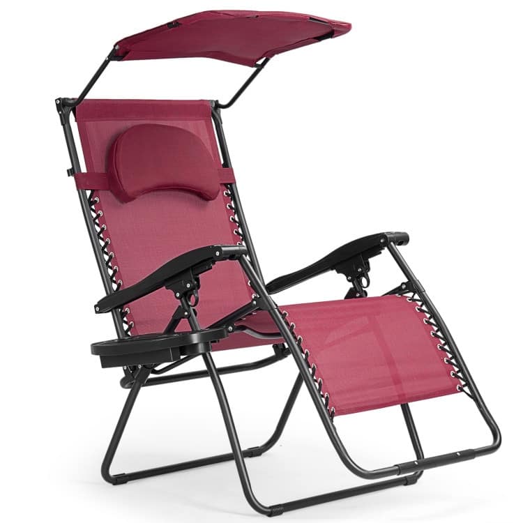Portable Reclining Lounge Chair with Sunshade, Cup Holder, and Folding Design - Dark Red - Dark Red