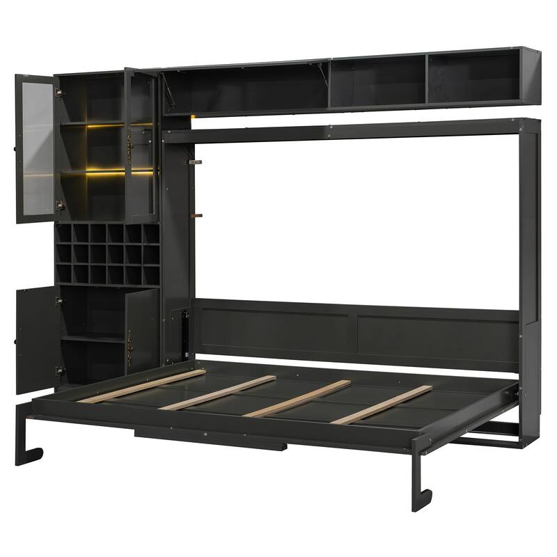 Queen Size Wall Bed with Sofa, Shelves, USB & Light in Gray