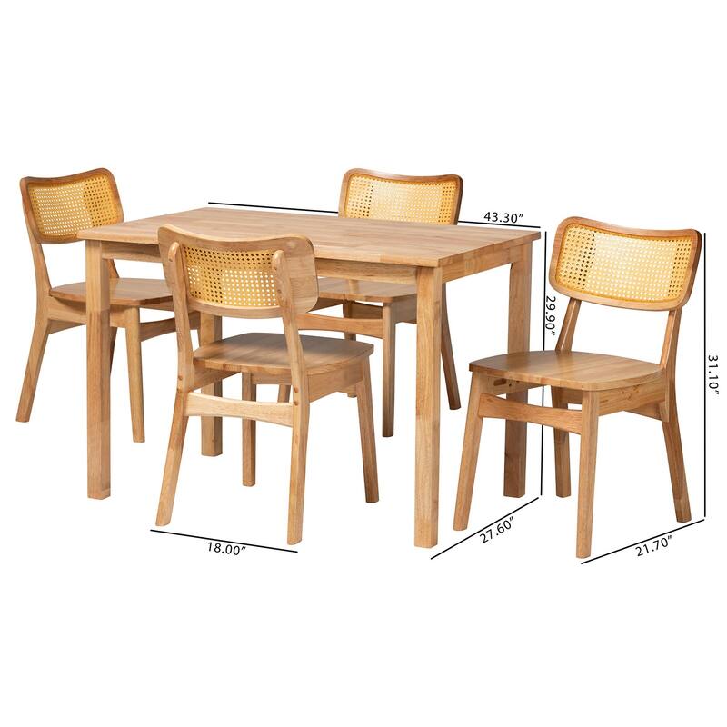 Dulcet Mid-Century Oak Brown Finished Wood and Rattan 5-Piece Dining Set