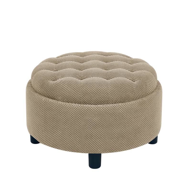 Round Storage Ottoman with Lift-Off Tray and Upholstered Fabric