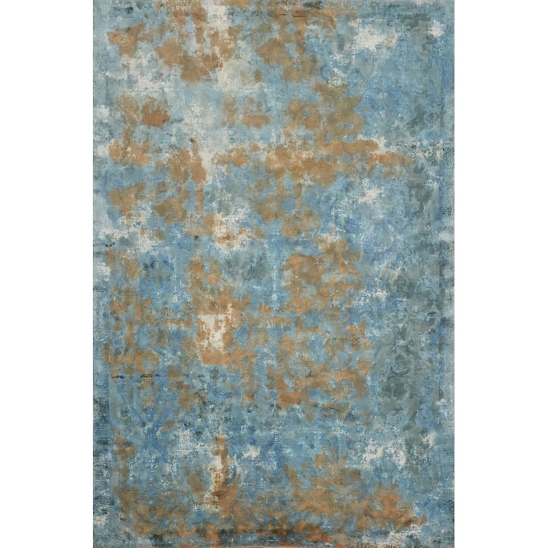 Hand Knotted Oriental Viscose Silk Carpet Modern Abstract Navy Blue & Blues Abstract Area Rug - 8' 1'' X 5' 7''