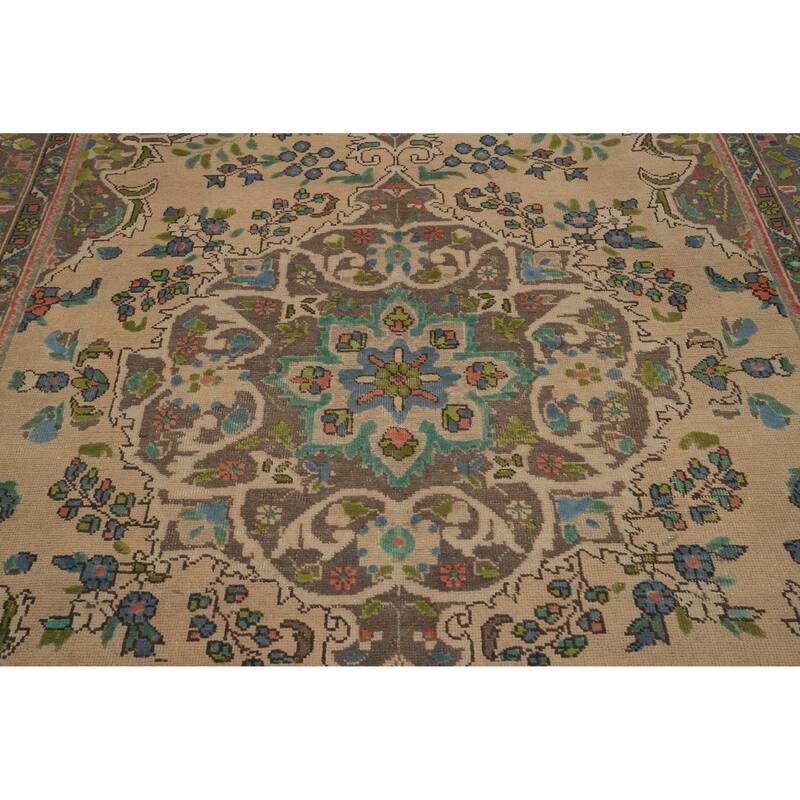 Hand Knotted Oriental 100% Wool Carpet Traditional Floral Beige & Ivories Tabriz Area Rug - 9' 5'' X 6' 5''