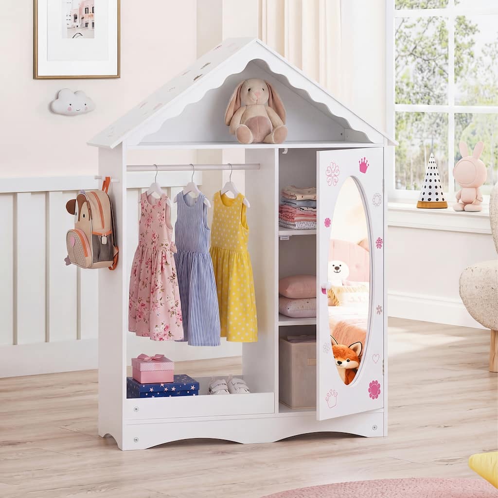 Gymax Kids Dress Up Storage w/ Mirror Roofed Wardrobe Closet w/ Open