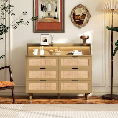 Accent Storage Cabinet 6-Drawers Rattan Drawer with LED Lights and Power Outlet