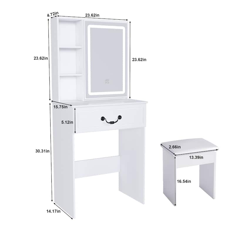 Mini Makeup Vanity with LED Lighted Mirror - Hidden Storage, Stool, 3 Light Modes, Multi-Tier Shelves
