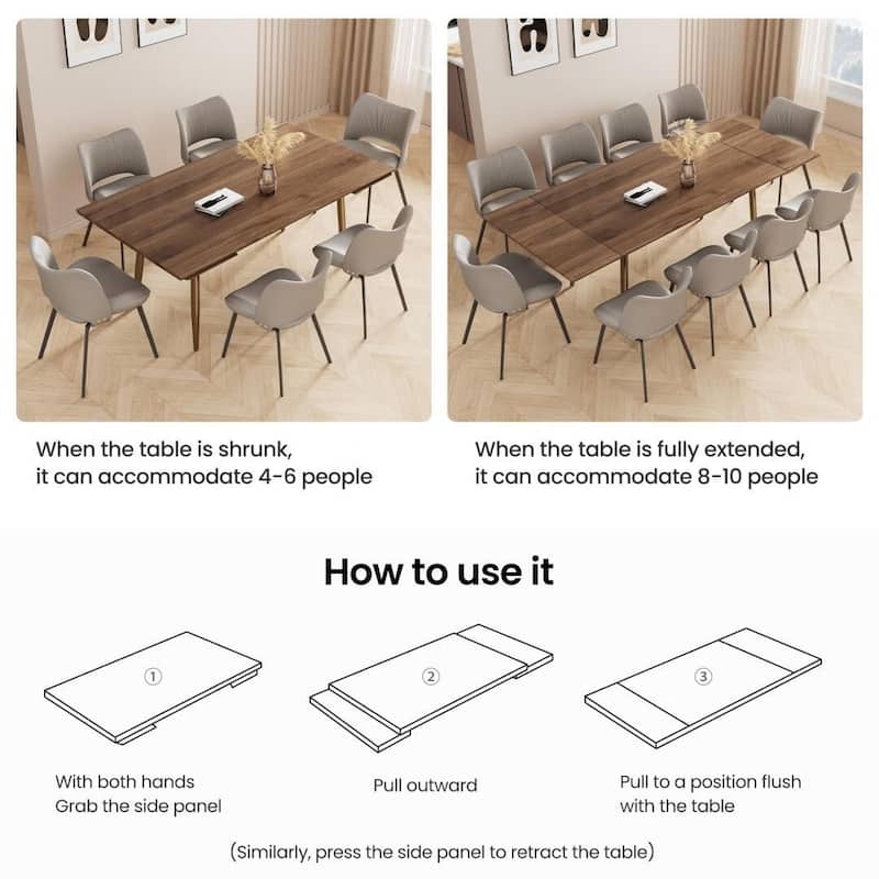 Modern Expandable Walnut Dining Table Adjustable from 62.9" to 94.4", Seats 8 to 10, with Sleek Stainless Steel Support Legs