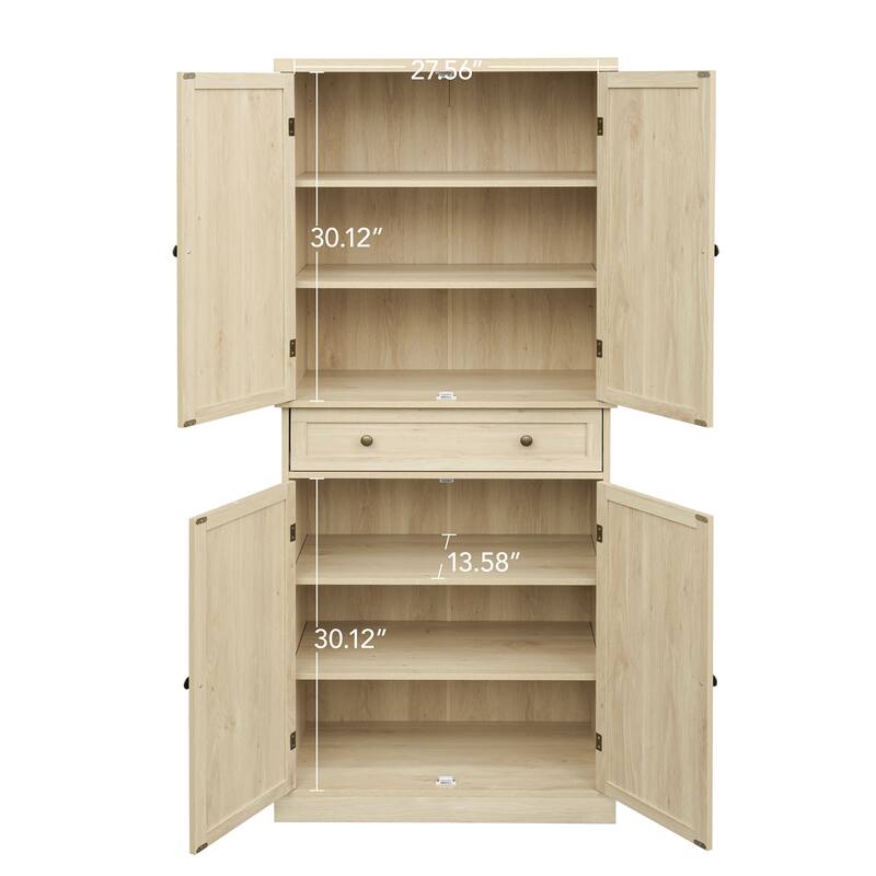 Pantry Cabinet with 4 Rattan Doors & 1 Drawer, Buffet Cabinet with Adjustable Shelves, Freestanding Wooden Storage Cabinet