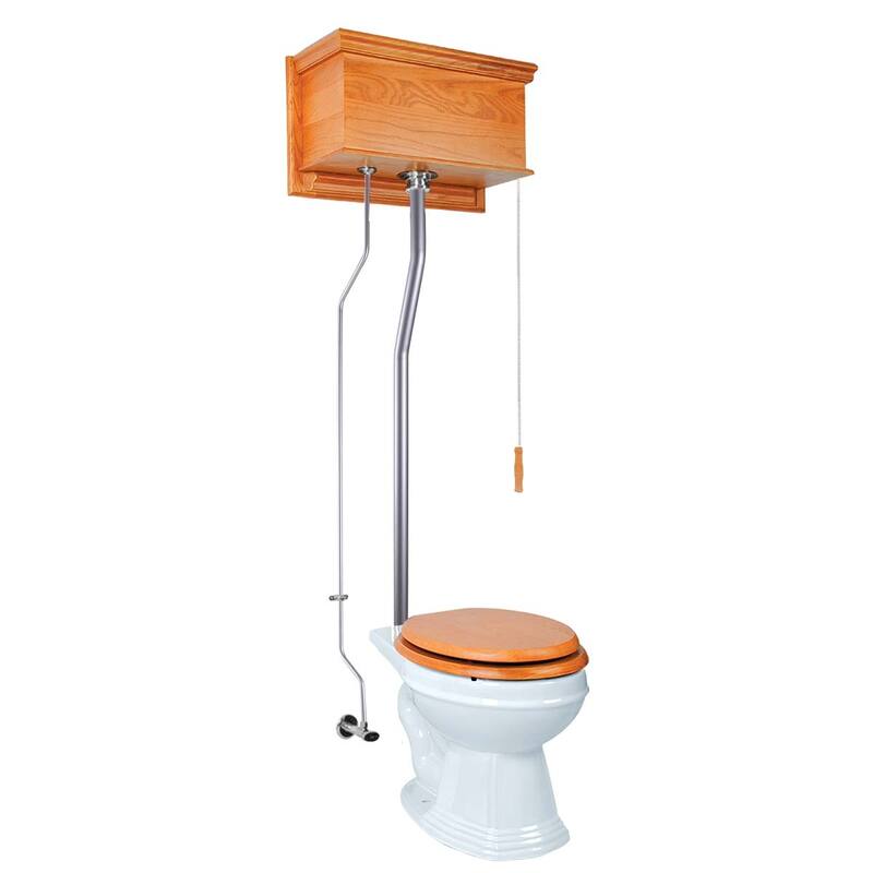 Mahogany Wooden High Tank Toilet Flat Tank, White Round Bowl and Chrome L Pipe