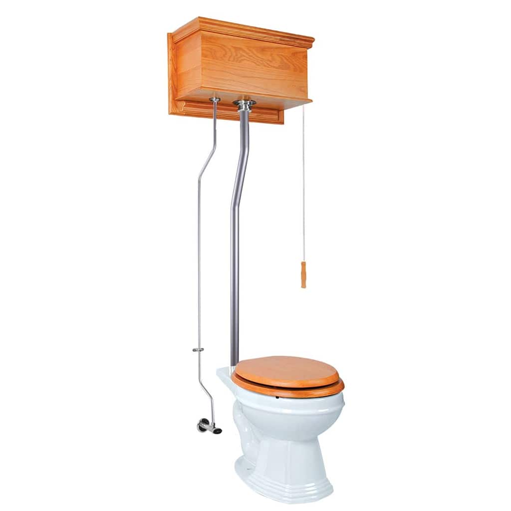 Mahogany Wooden High Tank Toilet Flat Tank, White Round Bowl and Chrome L Pipe