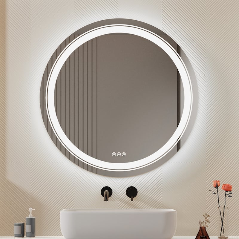Round LED Bathroom Wall Mirror 3 Lighting Colors Anti Fog