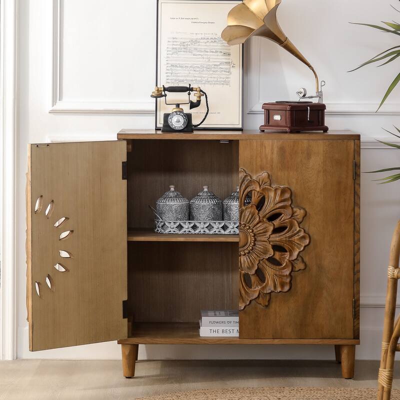 Wood Sideboard Buffet Cabinet, Hand-Carved 2-Door Accent Cabinet, Storage Cabinet with Floral Motif