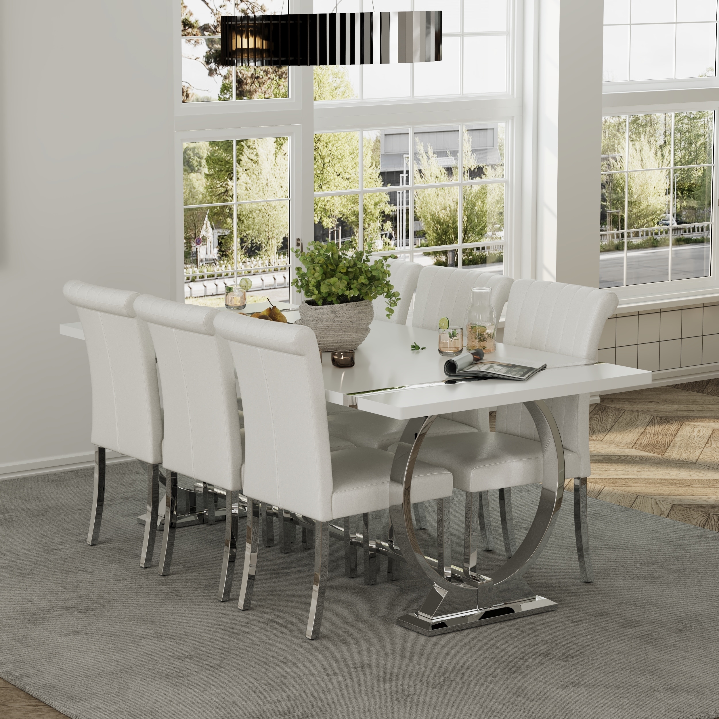 65 inch Faux Marble Dining Table Set with Boucle Dining Chairs